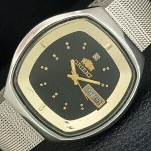 Vintage 1974 Square Orient Automatic Mens Silver Watch W/daydate & Gold accents